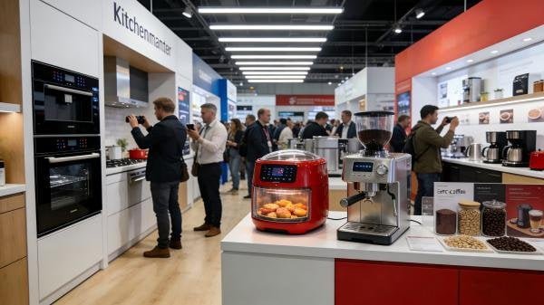 A busy trade show floor with booths for kitchen appliance manufacturers