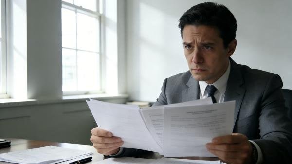 A buyer looking at incomplete supplier documents with a concerned expression.