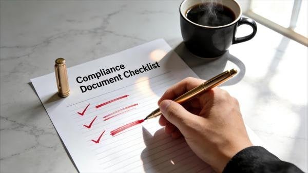 A close-up of a compliance document checklist being reviewed with a pen.