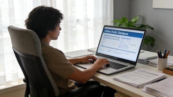 A person on a laptop verifying a certificate number in an online public database.