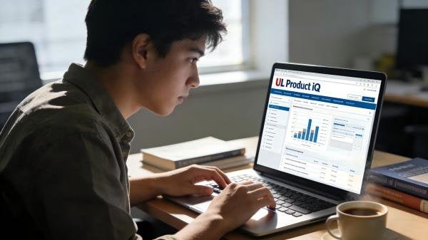 A person using a laptop to search the UL Product iQ online database.