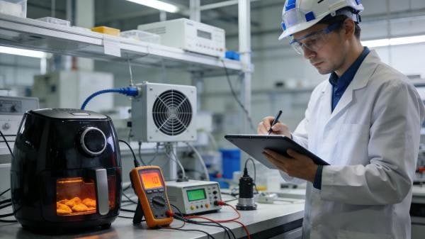 A quality control engineer testing an air fryer's performance in a factory lab.
