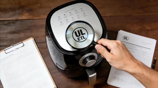 A quality inspector examining the safety certification label on an air fryer.