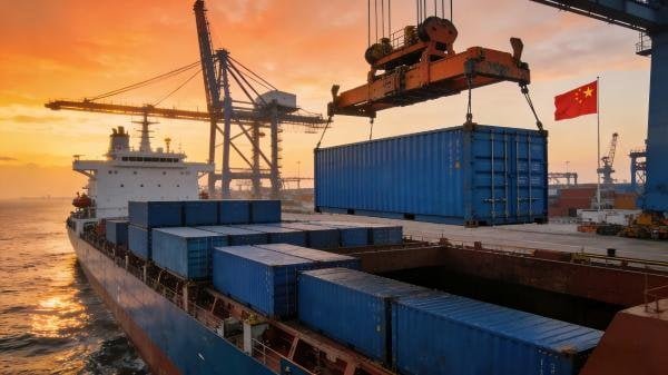 A shipping container being loaded onto a cargo ship, representing phased shipments from China.