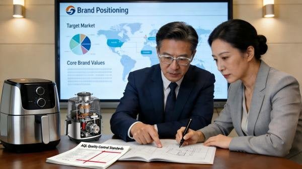 A business meeting with two people discussing a product blueprint