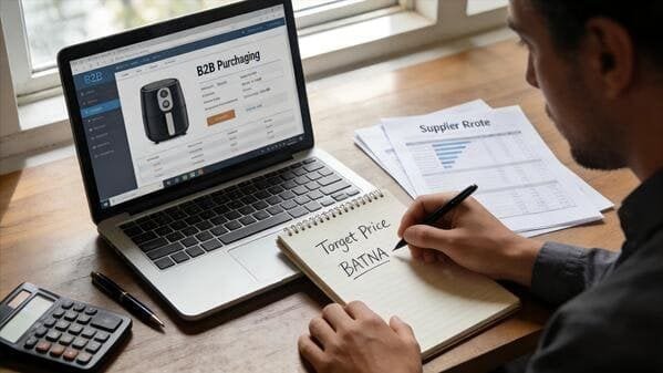 A desk with a laptop showing Alibaba's website, a notebook with price targets, and a calculator.