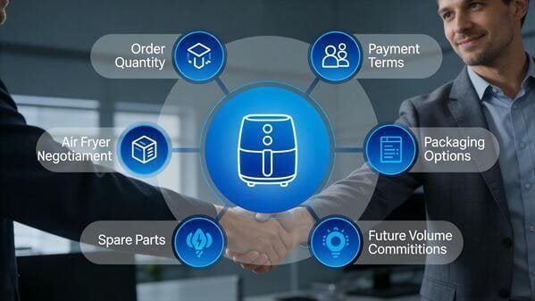 An infographic showing different negotiation levers like quantity, payment terms, and packaging for air fryers.