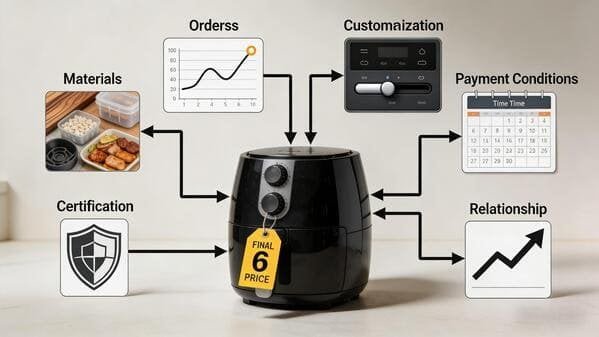 A diagram showing factors like materials, quantity, and payment terms pointing to a final price for an air fryer.