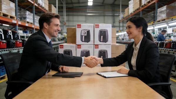 Handshake between two business professionals with an air fryer on the table, symbolizing a win-win agreement.