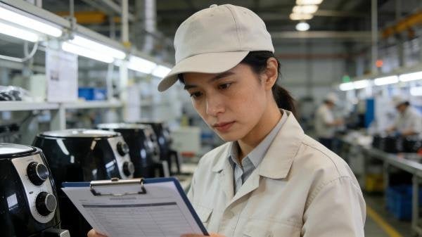 An inspector using a checklist to review an air fryer's features.