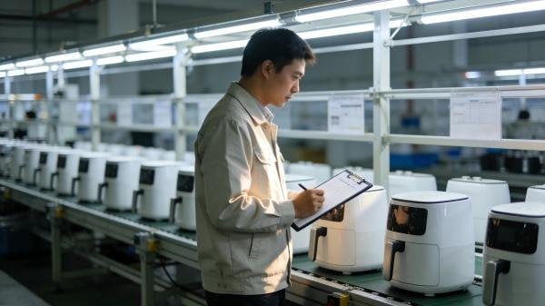 An overhead view of a quality control inspector checking an air fryer on a production line.