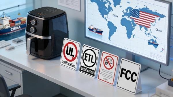 An image showing UL, ETL, and FCC certification logos next to a shipping diagram of a boat moving from China to the USA.
