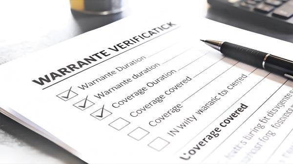 A close-up of a checklist with items like 'Warranty Duration' and 'Defect Coverage' being ticked off.