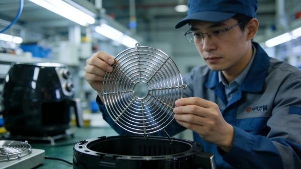 An engineer inspecting a high-temperature resistant component of an air fryer in a factory setting.