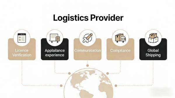 An infographic showing key criteria for evaluating logistics providers, like licenses, experience, and communication.
