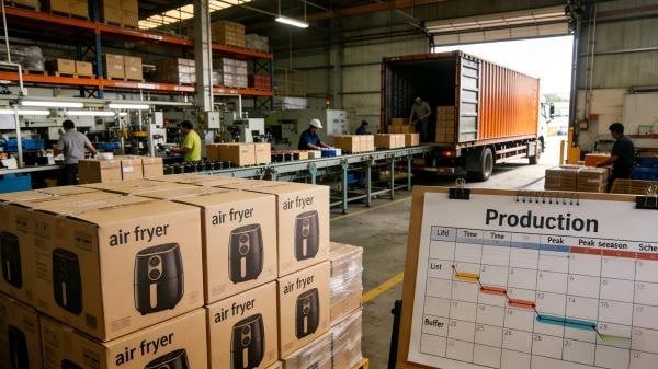Warehouse with boxes of kitchen appliances ready for shipment