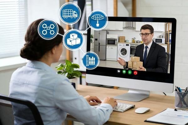 A person on a video call asking questions to a logistics provider, with icons for appliances and shipping regulations.