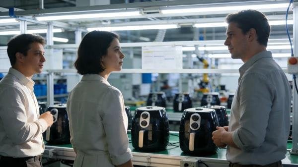 A collage of images showing a factory visit, a video call, and a shared meal between a buyer and supplier.