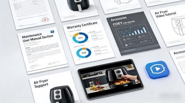 A collection of air fryer support documents: manual, warranty, and parts list