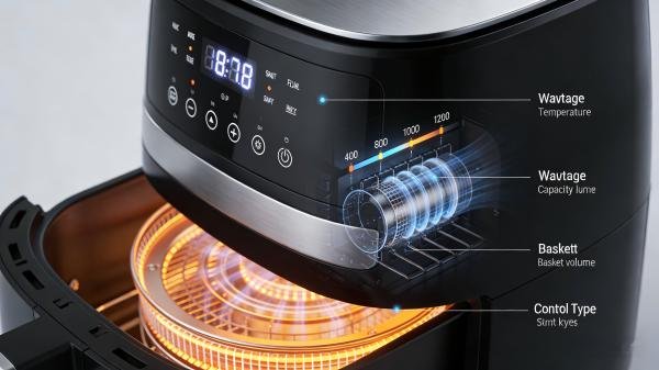 A close-up of a digital control panel on a modern air fryer