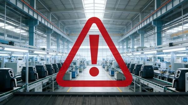 A red flag icon superimposed over a blurry factory image, symbolizing a warning sign.