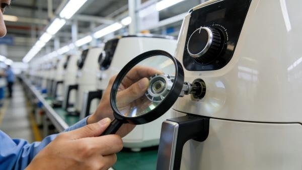 A magnifying glass inspecting the quality of an air fryer on a factory assembly line