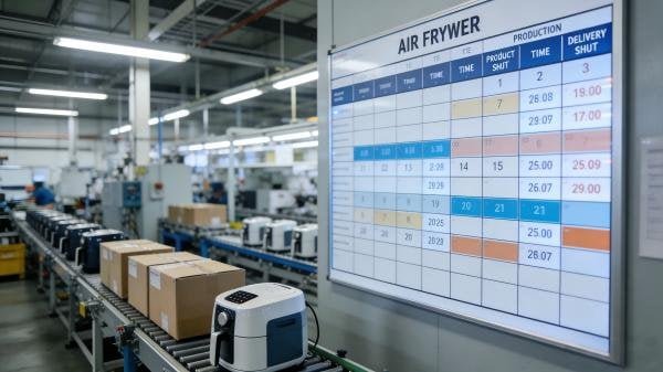 A calendar highlighting air fryer factory production and delivery schedules
