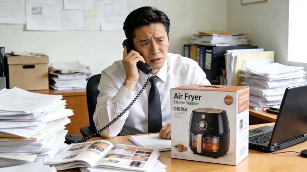 A procurement manager looking stressed while on a call with an air fryer supplier in China.