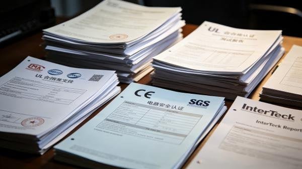 A photo of a stack of official-looking certification documents and test reports on a desk.