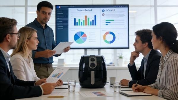 An image of a focus group in the US discussing an air fryer, with charts and graphs in the background showing market data.