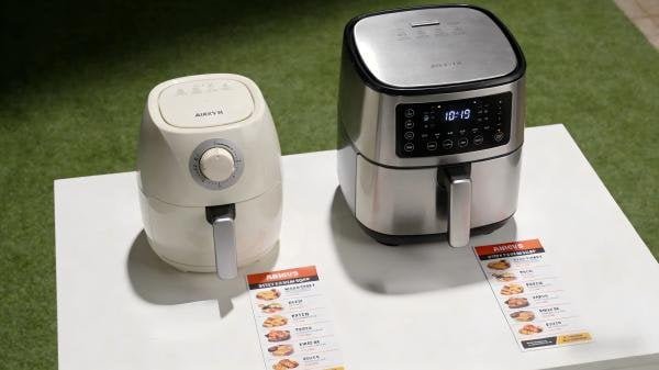 A side-by-side comparison of a basic air fryer and a feature-rich model, with price tags.