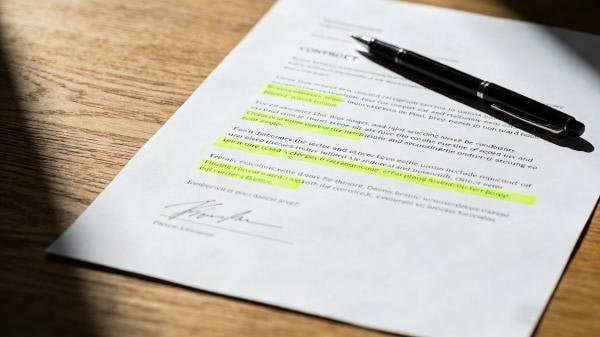 A signed contract with English and Chinese text side-by-side, with a pen resting on top.