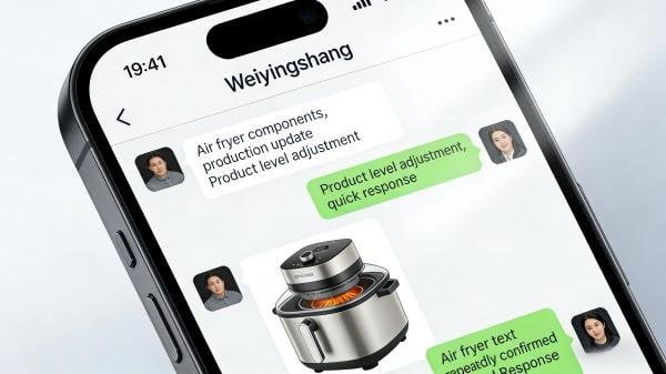 A smartphone screen showing a WeChat conversation with a supplier, with images of an air fryer component.