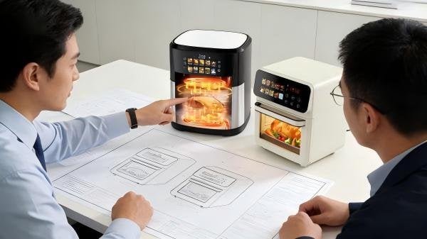 An engineer pointing to a detailed diagram of an air fryer design with a Chinese supplier.