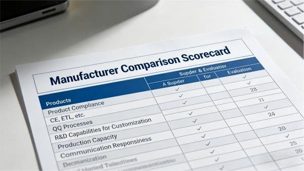 A comparison chart on a screen showing features and certifications of different air fryer models.