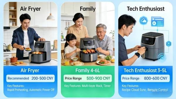 An infographic showing different customer segments for air fryers, including singles, families, and tech enthusiasts.