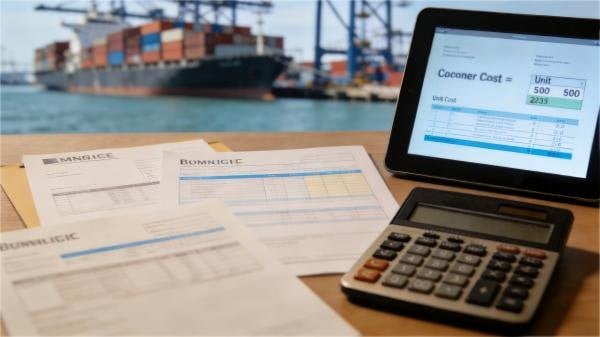 A calculator and shipping documents representing the landed cost calculation for imported goods.