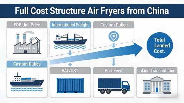An infographic showing the various cost components of importing air fryers from China.