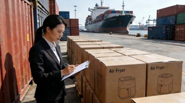 A technical drawing of an air fryer with key specifications highlighted.