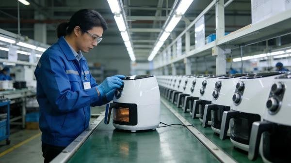 A quality control inspector examining an air fryer on a factory production line.