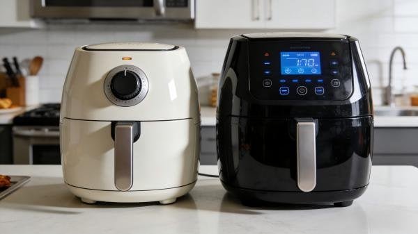 A simple mechanical air fryer next to a complex digital air fryer, highlighting the choice.