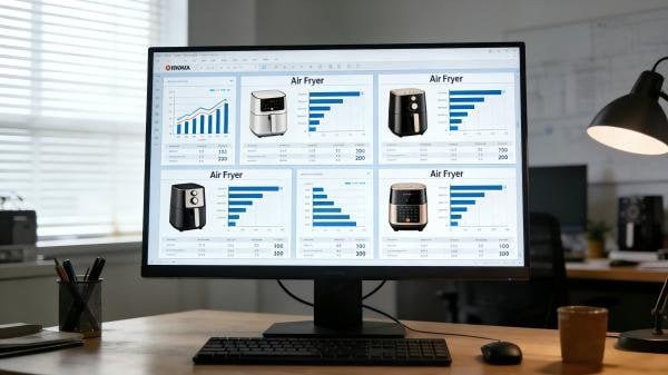 A comparison chart on a screen showing specifications for three different air fryer models side-by-side.