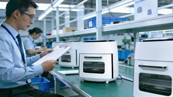 A person inspecting an air fryer's warranty document next to a manufacturing line.