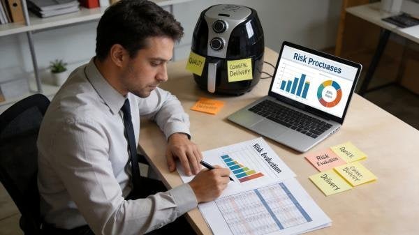 A person creating a risk response plan for air fryer procurement