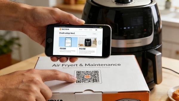 A customer scanning a QR code on an air fryer box to get maintenance tips