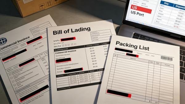 An image showing examples of a Bill of Lading, Commercial Invoice, and Packing List with some information redacted.