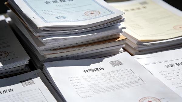 A stack of organized compliance documents, including test reports and certificates, ready for review.