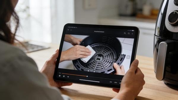 An air fryer maintenance video tutorial being watched on a tablet