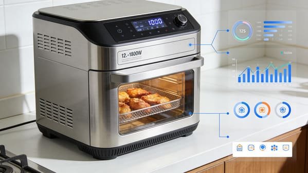 A modern air fryer being used in a kitchen, showcasing its energy efficiency.