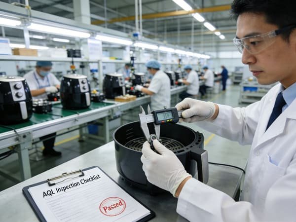 Factory worker inspecting an air fryer on the production line with a checklist.